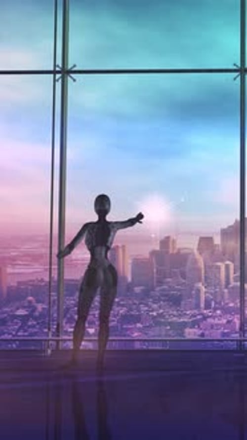 Futuristic Robot Analyzing DNA in Hi-Tech Interface