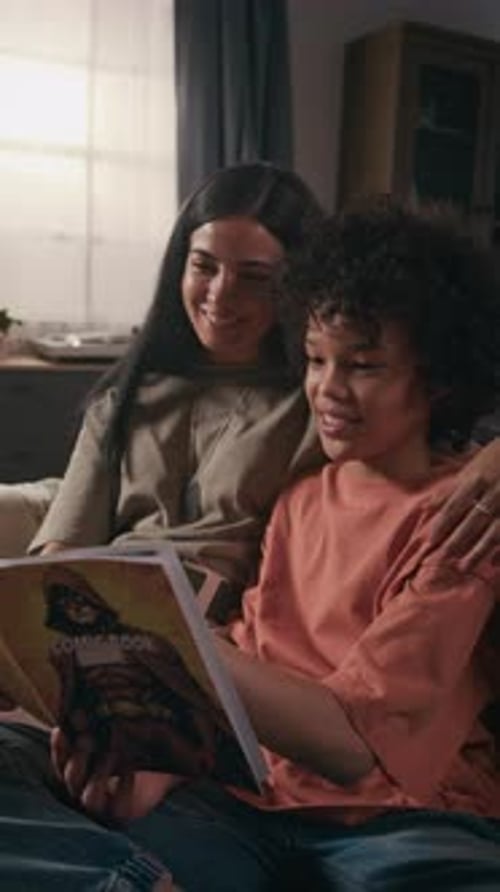 Mother and Child Reading Comic Book Together
