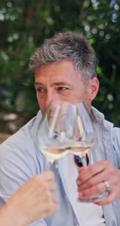 Man Cheers With White Wine in Sunny Setting