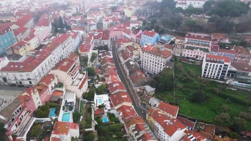 Aerial view of buildings and streets, Portugal.