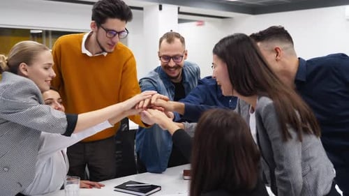 Diverse Colleagues Celebrate Teamwork Success in Office
