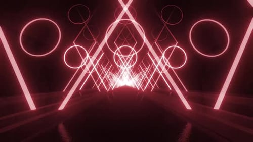 Dynamic red neon tunnel with geometric shapes for futuristic visuals