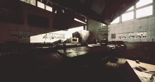 Abandoned Kitchen Filled with Shadows and Sunlight in an Empty Space