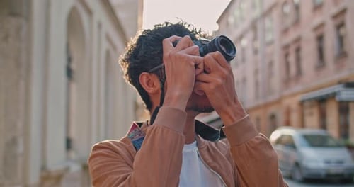 Crop View of Young Man with Nose Ring Taking Photo of City Scape Handsome Male Tourist in Glasses