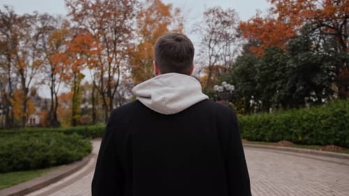 man walks through the park, view from the back