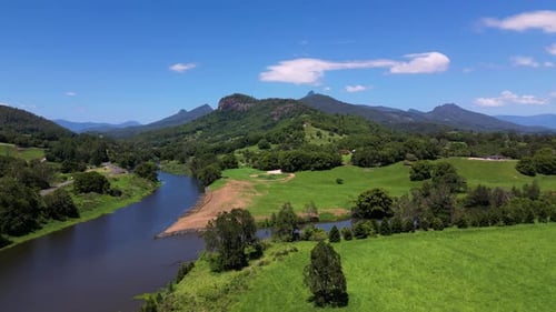 Aerial view over the Tweed River looking towards Wollumbin, Mount Warning in Northern NSW, Australi