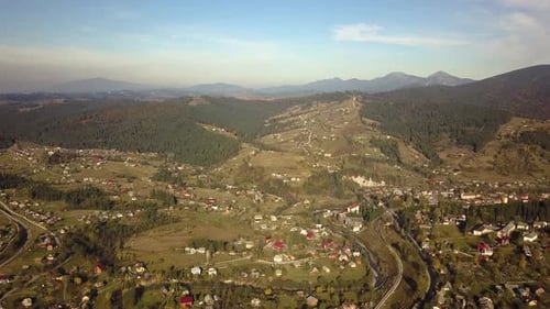 Aerial View of an Old Ruined Train Bridge in Town of Vorokhta in Carpathian Mountains Ukraine
