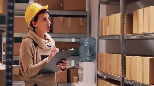 Female Employee Checking List of Products in Depot
