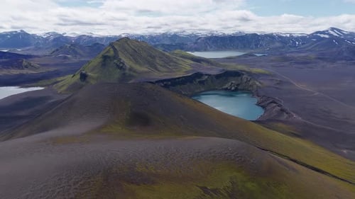 Aerial View of Iceland's Crater Lake and Moss Covered Mountain
