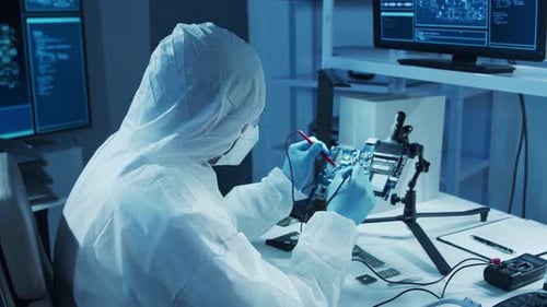 Microelectronics Engineer Works in a Modern Scientific Laboratory on Computing Systems and