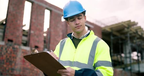 Man, inspection and writing on construction site with clipboard, quantity surveyor or report