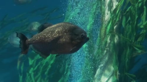 Piranha-Fische schwimmen im Aquarium mit grünen Algen und Blasen unter der Unterwasserwelt