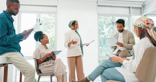 Business woman, question or speaker in training, workshop or collaboration in startup growth