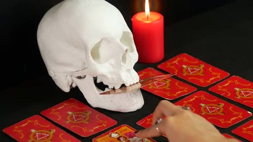 Totenkopf und rote Tarotkarten