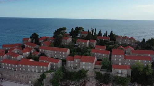 Amazing Aerial Around View of Sveti Stefan Resort Island in Montenegro Drone Video The Small Old