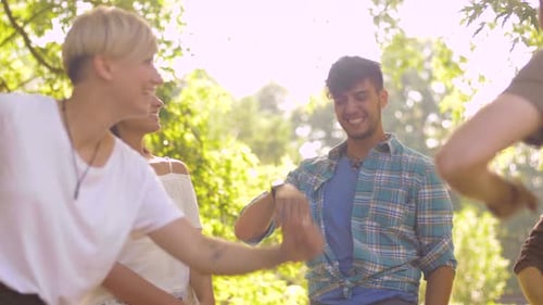 Glückliche Freunde tanzen auf der Sommerparkparty in Zeitlupe zusammen fetzig