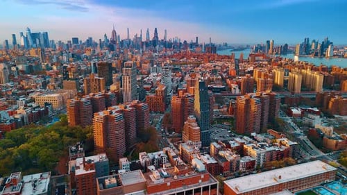 Beautiful architecture of stunning New York in the light of setting sun.
