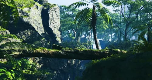 Exuberante selva tropical con árboles imponentes y vegetación vibrante a la luz del sol