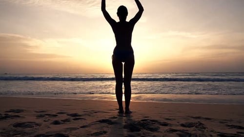 Sunset Beach Silhouette Woman Stretching
