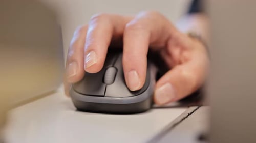 Close Up Hand Using Wireless Mouse at Office Desk - Precise Click Movement Focus