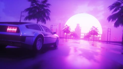 Riding Car On Endless Road With Cityscape View Synth Wave Background Loop