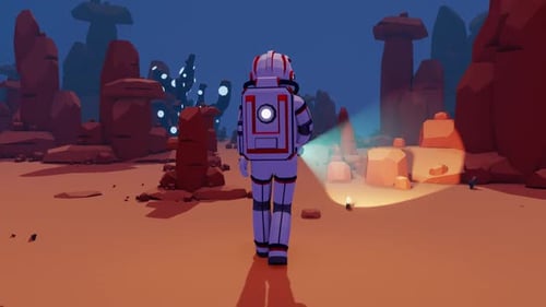 Astronaut Exploring Alien Planet in Low Poly Futuristic Style