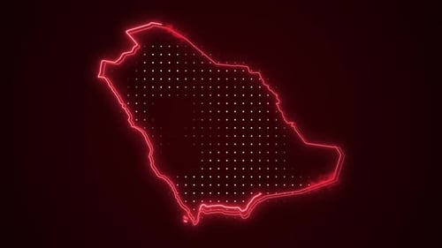 Neon Outline of Saudi Arabia Map with Digital Grid Animation
