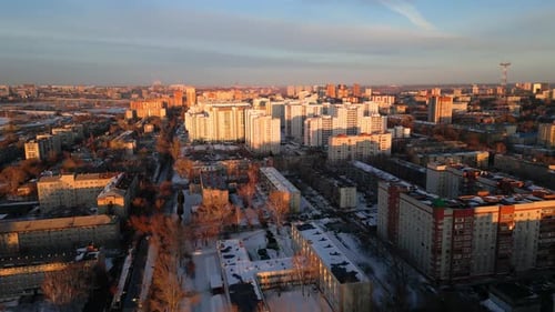 Drone Shot Flying Contemporary Residential District at Sunset