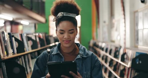 College, African woman and search with tablet in campus library for book study or online course