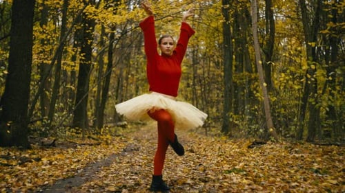 Young Woman Dancing Ballet in Autumn Forest