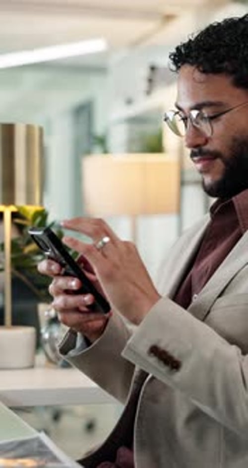 Businessman, smile and phone with typing, social media and message for contact