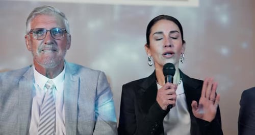 People, panel and auditorium with mic at seminar for global networking, discuss and public speaking