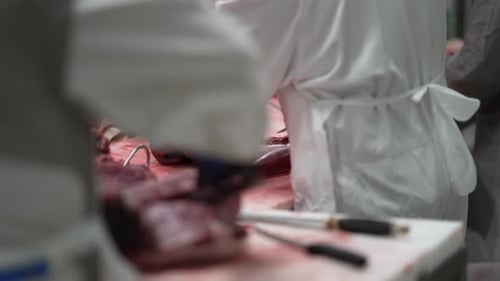 Beef filet being trimmed by workers with a knife at a meat processing plant