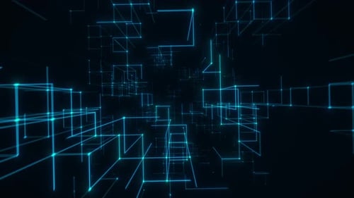 Blaues geometrisches Neongitter, das sich bis in eine futuristische Tiefe erstreckt. 3D-Rendering in einer Schleife