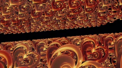 camera flying through glowing 3d heart on dark background, 3d shiny golden heart shape flying on pur