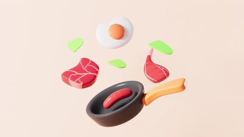 Cartoon-Fleisch und Wurst werden über einem Feuer gegrillt, Cartoon-Barbecue, 3D-Rendering.