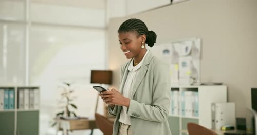 Happy black woman, phone and communication for social media, networking and walking at office