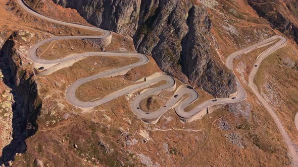 Scenic Drone Shot Of Historic La Tremola Route In The Swiss Alps scenic-drone-shot-of-historic-la-tremola-route-in-the-swiss-alps