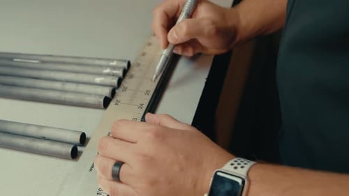 Male hands use ruler and pen to measure golf club shaft length for custom fitting on workshop counte