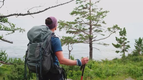 Hiking Tourism Adventure Backpacker Hiker Man Looking at Beautiful View Hiker Tourist with Backpack