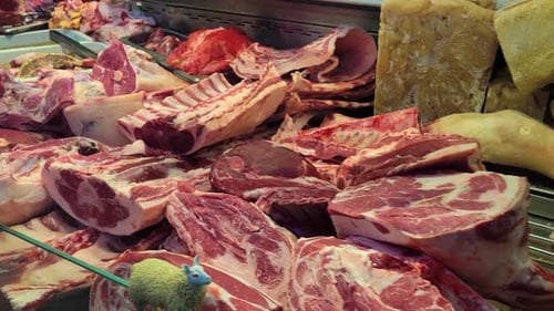 Wide Pan Left of a Meat Display at a Butcher's Shop