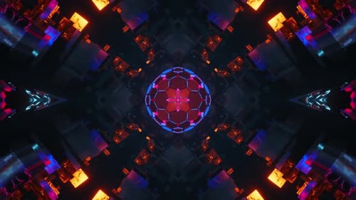 Colorful abstract design with red and blue center and black background. Kaleidoscope VJ loop