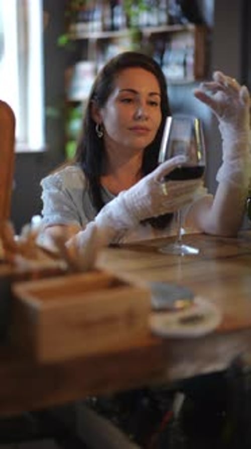 Une femme élégante dégustant joyeusement un verre de bon vin dans un cadre confortable et accueillant