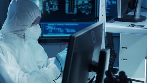 Microelectronics Engineer Works in a Modern Scientific Laboratory on Computing Systems and