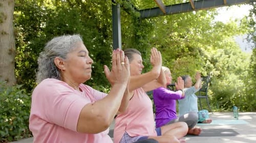 Women Practicing Yoga Together Outdoors on Sunny Day