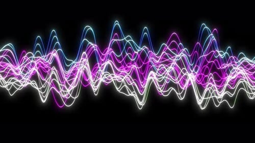 Animación aleatoria fractal y en movimiento de señal de sonido. Animación digital de ondas de sonido sobre fondo negro