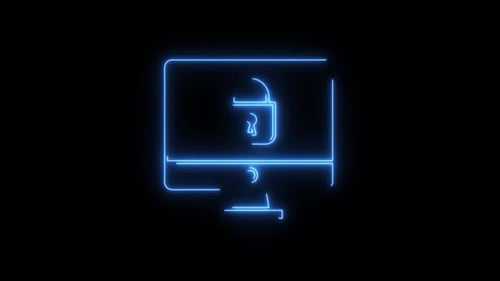 Neon Computer Monitor with Animated Padlock Security Loop