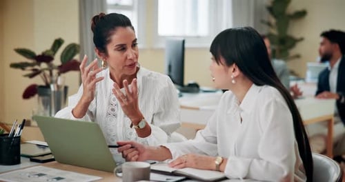 Teamwork, feedback and women with laptop, office and explanation for intern with project and online