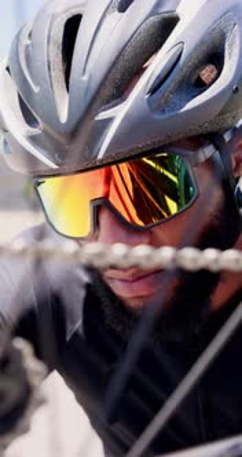 Man, bicycle repair and fitness in city with inspection for chain, gear