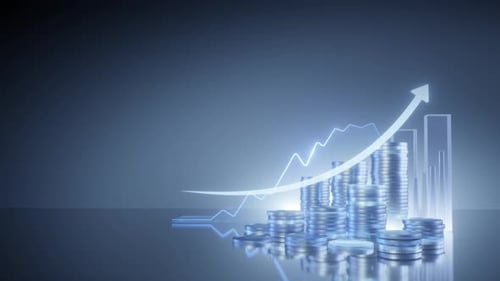 graph and rows of money coins background, arrow growth